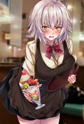 Rule 34 | 1girl, ahoge, apron, black skirt, blush, bow, collared shirt, commentary request, cup, dessert, dress shirt, fate/grand order, fate (series), food, fruit, fruit cup, hair between eyes, highres, indoors, jeanne d&#039;arc (fate), jeanne d&#039;arc alter (avenger) (fate), jeanne d&#039;arc alter (fate), leaning forward, marisasu (marisa0904), milkshake, nail polish, open mouth, red bow, restaurant, shirt, short sleeves, silver hair, skirt, solo, thighs, tray, waitress, yellow eyes, yellow shirt
