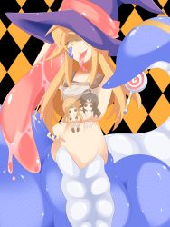 Rule 34 | 1girl, blonde hair, candy, doll, facial mark, female focus, food, groin, hat, lamia, long tongue, mizuki (lv43), monster girl, original, solo, tongue, witch hat, yellow eyes
