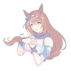 Rule 34 | 1girl, animal ears, bare shoulders, blue bow, blue eyes, bow, braid, breasts, brown hair, character request, commentary request, cropped torso, crown braid, da-cart, hair between eyes, hair bow, highres, large breasts, long hair, looking at viewer, short sleeves, simple background, solo, umamusume, upper body, white background