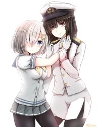 Rule 34 | 2girls, black hair, black legwear, blue eyes, breasts, female admiral (kancolle), gloves, hair ornament, hair over one eye, hairclip, hamakaze (kancolle), hand on another&#039;s face, hat, highres, kantai collection, large breasts, looking at viewer, mazeru (jisjifin), military, military hat, military uniform, multiple girls, naval uniform, neckerchief, pantyhose, peaked cap, pleated skirt, purple eyes, school uniform, serafuku, short hair, short sleeves, silver hair, skirt, smile, uniform, white gloves, yellow neckerchief