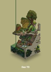 Rule 34 | commentary request, diorama, food, fruit, gozz, highres, isometric, lily pad, mouse (animal), mural, original, overgrown, plant, ruins, squid, stairs, tree, water, yellow background