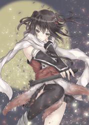 Rule 34 | 1girl, bad id, bad pixiv id, black gloves, black hair, black neckerchief, black skirt, brown eyes, buttons, double-breasted, elbow gloves, feet out of frame, fingerless gloves, full moon, gloves, hair ornament, highres, kantai collection, looking at viewer, moon, neckerchief, sa-ya2, scarf, school uniform, sendai (kancolle), sendai kai ni (kancolle), serafuku, single thighhigh, skirt, solo, standing, thighhighs, torpedo, two side up, white scarf
