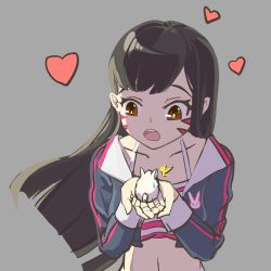 Rule 34 | 1girl, :o, absurdres, animal, brown eyes, brown hair, casual, check commentary, commentary request, d.va (overwatch), facepaint, facial mark, heart, highres, holding, holding animal, jacket, long hair, midriff, open mouth, overwatch, overwatch 1, rabbit, simple background, solo, surprised, teeth, whisker markings, wide-eyed