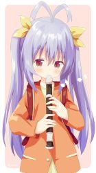 Rule 34 | 1girl, antenna hair, backpack, bag, blush, brown background, brown jacket, brown shirt, closed mouth, commentary request, eighth note, flute, hair ribbon, highres, holding, holding flute, holding instrument, instrument, jacket, long hair, looking at viewer, miyauchi renge, music, musical note, nakkar, non non biyori, playing instrument, purple hair, randoseru, recorder, ribbon, shirt, solo, twintails, two-tone background, upper body, very long hair, white background, yellow ribbon