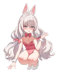 Rule 34 | 1girl, absurdres, animal ear fluff, animal ears, aningay, bare shoulders, bow, copyright request, covered navel, full body, grey eyes, grey hair, hair bow, high heels, highres, leotard, long hair, looking at viewer, low twintails, parted lips, pink bow, pink leotard, playboy bunny, rabbit ears, shoes, simple background, solo, squatting, strapless, strapless leotard, twintails, very long hair, white background, white footwear, wrist cuffs