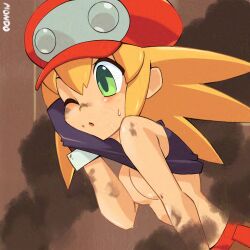 1girl artist_name blonde_hair breasts cabbie_hat clothes_lift green_eyes hat highres long_hair medium_breasts mega_man_(series) mega_man_legends_(series) red_hat red_shorts roll_caskett_(mega_man) shirt_lift shorts smoke solo supermondobeat upper_body