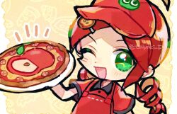 Rule 34 | 1girl, andou ringo, apron, commentary, doradorakingyo, drill hair, food, green eyes, holding, holding plate, looking at viewer, one eye closed, open mouth, pizza, pizza hair ornament, plate, puyo (puyopuyo), puyopuyo, puyopuyo 7, puyopuyo quest, red apron, red headwear, red shirt, shirt, short sleeves, solo, symbol-only commentary, twin drills, twitter username