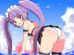 Rule 34 | 1girl, ass, bare shoulders, bikini, blush, breasts, cougar (cougar1404), hair tubes, leaning, leaning forward, long hair, looking at viewer, maid, maid bikini, maid headdress, open mouth, panties, purple eyes, purple hair, shiny skin, sideboob, skirt, small breasts, smile, solo, sophie (tales), swimsuit, tales of (series), tales of graces, thighhighs, twintails, unconventional maid, underwear, very long hair, water, wedgie