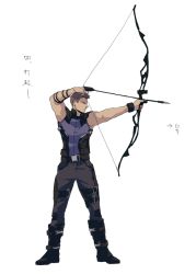 Rule 34 | 0109 (artist), 1boy, animification, archery, arrow (projectile), avengers (series), bad id, bad pixiv id, between fingers, bow (weapon), buckle, clint barton, drawing bow, full body, hawkeye (marvel), holding, holding bow (weapon), holding weapon, kyuudou, male focus, marvel, simple background, snap-fit buckle, solo, standing, weapon, white background
