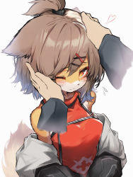 Rule 34 | 1girl, absurdres, arknights, blush, body fur, breasts, brown hair, closed mouth, cutter (arknights), furrification, furry, furry female, hair ornament, hands on another&#039;s face, hands on another&#039;s head, headpat, highres, medium breasts, one eye closed, red shirt, shirt, short hair, simple background, sleeveless, sleeveless shirt, smile, solo focus, tab head, tail, whiskers, white background, x hair ornament