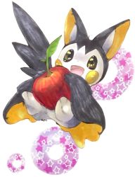 Rule 34 | animal focus, apple, black eyes, blush stickers, creatures (company), emolga, food, fruit, full body, game freak, gen 5 pokemon, happy, highres, holding, holding food, leaf, looking at viewer, marker (medium), mofuo, nintendo, no humans, open mouth, pokemon, pokemon (creature), smile, solo, star (symbol), traditional media, white background