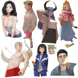 Rule 34 | 3boys, 4girls, angel wings, aqua eyes, arrow (projectile), black hair, blonde hair, blue hair, blue jacket, blush, breasts, cardigan, cleavage, collared shirt, copyright request, feathered wings, halo, highres, horns, jacket, knife, large breasts, long sleeves, midriff, multiple boys, multiple girls, navel, parted lips, phone, pink shorts, profile, red eyes, rinotuna, shadow, shirt, shorts, simple background, tank top, topless male, white background, white shirt, white tank top, wings