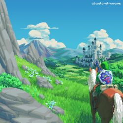 Rule 34 | 1boy, abueloretrowave, animated, animated gif, artist name, boots, brown footwear, bush, castle, cloud, commentary, day, flower, from behind, grass, green headwear, green tunic, hat, highres, horse, hylian shield, link, male focus, mountain, nintendo, outdoors, pants, photoshop (medium), pixel art, riding, rock, shield, shield on back, sky, sword, the legend of zelda, watermark, weapon