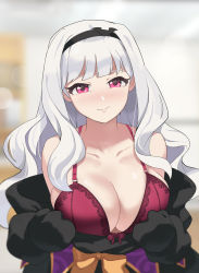 Rule 34 | smile, absurdres, black hairband, blurry, blurry background, blush, bra, breasts, cleavage, clothes pull, hairband, half-closed eyes, highres, idolmaster, idolmaster (classic), large breasts, long hair, nose blush, pink bra, pink eyes, shijou takane, smile, tomid, underwear, wavy hair, white hair