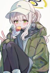 Rule 34 | 1girl, baseball cap, black pantyhose, blue archive, blush, commentary, dot nose, food, food in mouth, green eyes, green halo, green jacket, grey hair, halo, hare (blue archive), hare (camp) (blue archive), hat, highres, jacket, knees up, long hair, looking at viewer, morita (pixiv31883607), mouth hold, official alternate costume, pantyhose, ponytail, roasted sweet potato, solo, sweet potato, v, white hat