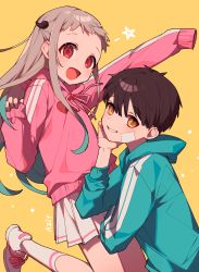 Rule 34 | 1boy, 1girl, :d, absurdres, artist name, azit (down), blue hoodie, blush, brown eyes, brown hair, commentary request, forehead, hair between eyes, hanako (jibaku shounen hanako-kun), highres, hood, hood down, hoodie, jibaku shounen hanako-kun, long hair, long sleeves, looking at viewer, magatama, magatama hair ornament, open mouth, orange background, outstretched arm, pink hoodie, pleated skirt, red eyes, shoes, signature, skirt, sleeves past wrists, smile, socks, star (symbol), very long hair, white footwear, white legwear, white skirt, yashiro nene