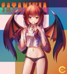 Rule 34 | &gt;:d, 10s, 1girl, :d, artist name, bat hair ornament, black panties, blue hair, bow, bow panties, brown ribbon, c.mi, character name, clothes writing, collarbone, cowboy shot, crop top, demon wings, gabriel dropout, gluteal fold, gradient hair, groin, hair down, hair ornament, hair rings, head tilt, highres, holding, holding own hair, long hair, looking at viewer, mouth hold, multicolored background, multicolored hair, navel, no pants, open mouth, orange eyes, orange hair, panties, purple hair, ribbon, satanichia kurumizawa mcdowell, silhouette, smile, solo, standing, underwear, v-shaped eyebrows, wings