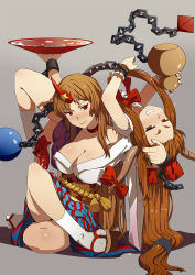 Rule 34 | 2girls, alternate costume, bow, breasts, brown eyes, brown hair, carrying over shoulder, chain, child, choker, cleavage, club3, grin, hair bow, hair ribbon, highres, horns, hoshiguma yuugi, ibuki suika, large breasts, long hair, looking at viewer, lying, multiple girls, red eyes, ribbon, single horn, sitting, small breasts, smile, touhou