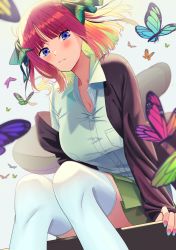Rule 34 | 1girl, black cardigan, black ribbon, blue eyes, blunt bangs, blush, breasts, bug, butterfly, butterfly hair ornament, cardigan, cleavage, closed mouth, from below, frown, go-toubun no hanayome, green skirt, hair ornament, highres, insect, knees together feet apart, large breasts, multicolored nails, nail polish, nakano nino, off shoulder, open cardigan, open clothes, pink hair, poligon (046), ribbon, shirt, simple background, sitting, skirt, sleeves past wrists, solo, thick thighs, thighhighs, thighs, twintails, v-shaped eyebrows, white background, white shirt, white thighhighs