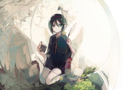 Rule 34 | 1girl, bad id, bad pixiv id, black hair, book, bush, closed mouth, grass, green eyes, hair between eyes, hairband, holding, holding book, looking at viewer, nature, open book, original, outdoors, quill, sailor collar, seiza, short hair, sitting, smile, solo, suzukami