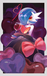 Rule 34 | alcohol, alternate color, bare shoulders, blue hair, border, bow, colored skin, commentary request, creatures (company), cup, dress, drinking glass, flipped hair, game freak, gardevoir, gen 3 pokemon, gloves, heart, highres, holding, holding cup, lila 0219, looking down, mega gardevoir, mega pokemon, nintendo, pink bow, pokemon, pokemon (creature), shiny pokemon, solo, white border, white skin, wine, wine glass