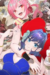Rule 34 | 2girls, absurdres, artist request, bare shoulders, black nails, blue hair, breasts, cake, cleavage, cup, dark blue hair, drinking glass, flower, food, fork, hair bun, highres, hololive, hololive english, jewelry, looking at viewer, mori calliope, mori calliope (party dress), multiple girls, nail polish, ouro kronii, pink hair, red eyes, rose, single hair bun, strawberry shortcake, virtual youtuber, wine glass