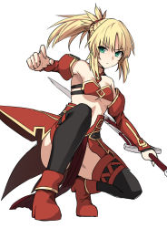 Rule 34 | 1girl, bandeau, black thighhighs, blonde hair, breasts, clarent (fate), closed mouth, detached sleeves, fate/apocrypha, fate (series), full body, green eyes, half updo, holding, holding sword, holding weapon, long hair, looking at viewer, mordred (fate), mordred (fate/apocrypha), parted bangs, ponytail, red footwear, serious, shiseki hirame, sidelocks, simple background, small breasts, solo, squatting, sword, thighhighs, weapon, white background