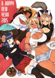Rule 34 | 10s, 2015, 23 (real xxiii), 4girls, :p, abs, ahoge, all fours, animal ears, beer can, black pantyhose, black thighhighs, blonde hair, blue eyes, blunt bangs, breasts, brown-haired girl (23), brown hair, can, chinese zodiac, cleavage, cleavage cutout, closed eyes, clothing cutout, controller, cutoffs, dark-skinned female, dark skin, denim, denim shorts, drink can, drooling, english text, fang, female focus, flat-chested girl (23), food, fox ears, fox tail, fur-trimmed thighhighs, fur trim, grabbing, grabbing another&#039;s breast, hand on breast, happy new year, heavy breathing, highres, horns, huge breasts, leaning back, long hair, meme attire, midriff, mouth hold, multiple girls, navel, new year, open-chest sweater, original, panties, panties under pantyhose, pantyhose, pleated skirt, ponytail, red eyes, remote control, ribbed sweater, sela (23), senbei, short hair, short shorts, shorts, sidelocks, sitting, skirt, sleeping, small breasts, sweater, tail, tears, thighhighs, toned, tongue, tongue out, underwear, ursula (23), wavy mouth, wife and wife, year of the ram, yuri
