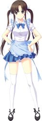 Rule 34 | 1girl, apron, artist request, ayatsuki meika, blouse, blue bow, blue bowtie, blue skirt, bow, bowtie, brown hair, collared shirt, gingham apron, hands on own hips, highres, kobeya uniform, long hair, miniskirt, plaid, plaid apron, pleated skirt, purple eyes, shirt, shirt tucked in, simple background, skirt, smile, solo, sucre, taut clothes, taut shirt, thighhighs, twintails, very long hair, waitress, white background, white shirt, white thighhighs