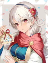 Rule 34 | 1girl, alternate costume, black hairband, blush, border, character print, closed mouth, commentary request, confetti, corrin (female) (fire emblem), corrin (fire emblem), corrin (male) (fire emblem), corrin (male) (fire emblem) (cosplay), corrin (male) (new year) (fire emblem), cosplay, ema, fire emblem, fire emblem fates, fire emblem heroes, flower, grey background, grey hair, hair between eyes, hair flower, hair ornament, hairband, haru (nakajou-28), highres, japanese clothes, kimono, lilith (fire emblem), long hair, looking at viewer, nintendo, obi, outside border, pointy ears, red eyes, red flower, red scarf, sash, sayagata, scarf, simple background, smile, solo, wavy hair, white border, white kimono