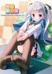 Rule 34 | 1girl, absurdres, artbook, black thighhighs, blue eyes, blush, bow, bowtie, capelet, cover, english text, feet, feet together, foot focus, foreshortening, hair ribbon, highres, long hair, long sleeves, looking at viewer, miniskirt, no shoes, open mouth, original, pillow, pleated skirt, ribbon, shirt, silver hair, sitting, skirt, smile, socks, soles, solo, striped, takoyaki (roast), thighhighs, toes, twintails, white shirt