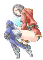 Rule 34 | 00s, 1girl, armor, between legs, black hair, brown eyes, cloak, dragoon (final fantasy), final fantasy, final fantasy xi, greaves, hand between legs, highres, hume, looking at viewer, looking back, open mouth, pouch, short hair, short shorts, shorts, simple background, sketch, solo, white background