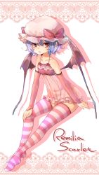 Rule 34 | 1girl, bare shoulders, bat wings, blue hair, blush, character name, collarbone, detached sleeves, female focus, hat, hat ribbon, highres, lingerie, looking at viewer, negligee, red eyes, remilia scarlet, ribbon, rojiko, short hair, solo, striped clothes, striped thighhighs, thighhighs, touhou, underwear, wings