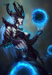 Rule 34 | 1girl, armor, aura, blue eyes, breasts, cassio yoshiyaki, ear protection, energy ball, fingerless gloves, forehead jewel, forehead protector, gloves, glowing, glowing eyes, helmet, league of legends, lips, long hair, nail polish, nose, orb, pauldrons, purple nails, realistic, shoulder armor, solo, syndra, white hair