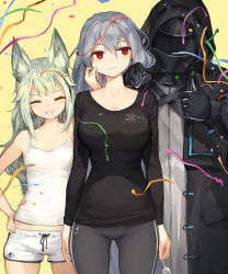 Rule 34 | 1boy, 2girls, ^ ^, animal ear fluff, animal ears, arknights, asicah, bare arms, bare shoulders, black gloves, black jacket, black shirt, blush, breasts, camisole, cheek pull, closed eyes, confetti, doctor (arknights), fork, gloves, grani (arknights), green hair, grey hair, grey pants, grey shirt, grin, hair between eyes, hand on own hip, holding, holding fork, hood, hood up, hooded jacket, jacket, large breasts, long hair, long sleeves, multiple girls, pants, parted lips, pointing, red eyes, shirt, short shorts, shorts, simple background, skadi (arknights), smile, streamers, thumbs up, very long hair, white camisole, white shorts, yellow background