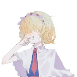 Rule 34 | 1girl, alice margatroid, blonde hair, blue dress, capelet, chinese commentary, cigarette, collared capelet, commentary request, cookie (touhou), dress, frilled hairband, frills, grin, hair between eyes, hair over eyes, hairband, jigen (cookie), necktie, on ( l0 ), red hairband, red necktie, red sash, sash, sharp teeth, short hair, simple background, smile, solo, teeth, touhou, upper body, white background, white capelet