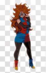 Rule 34 | 1girl, android 21, arm warmers, big hair, black-framed eyewear, black pantyhose, blue eyes, boots, breasts, curly hair, curvy, detached sleeves, dragon ball, dragon ball fighterz, dress, earrings, glasses, high heel boots, high heels, highres, hoop earrings, jewelry, long hair, multicolored boots, multicolored clothes, multicolored dress, nail polish, pantyhose, red hair, serious, thighs, tovio rogers