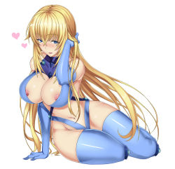 Rule 34 | 1girl, artist request, blonde hair, blue eyes, blush, bodysuit, breasts, curvy, female focus, full body, gloves, hand on head, heart, highres, huge breasts, large breasts, legs, long hair, looking at viewer, masou gakuen hxh, navel, nipples, shiny skin, simple background, solo, stomach, white background, wide hips, yurishia farandole