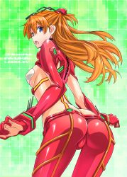 Rule 34 | 1girl, ass, blue eyes, blush, bodysuit, breasts, character name, evangelion: 2.0 you can (not) advance, from behind, highres, long hair, looking at viewer, looking back, medium breasts, multicolored bodysuit, multicolored clothes, neon genesis evangelion, open mouth, orange bodysuit, pilot suit, plugsuit, rebuild of evangelion, red bodysuit, see-through, see-through bodysuit, shiny clothes, shiny skin, solo, souryuu asuka langley, standing, suzutsuki kurara, test plugsuit, very long hair, wide hips