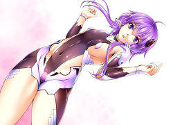 Rule 34 | 1girl, ahoge, bodysuit, breasts, chestnut mouth, clothing cutout, covered navel, cowboy shot, dutch angle, gen (genetrix), hair ornament, hair over shoulder, long hair, looking at viewer, purple eyes, purple hair, short hair with long locks, side cutout, skin tight, small breasts, solo, twintails, vocaloid, voiceroid, yuzuki yukari