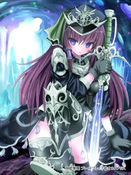 Rule 34 | 1girl, arm support, armor, black gloves, black thighhighs, blue eyes, blush, brown hair, cave, givuchoko, gloves, greaves, hat, long hair, looking at viewer, original, sitting, solo, sword, thighhighs, weapon