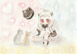 Rule 34 | 10s, 1girl, ahoge, barefoot, cat, covered mouth, dress, highres, horns, kantai collection, long hair, mittens, northern ocean princess, pale skin, red eyes, sitting, traditional media, translation request, white dress, white hair, yuuki chima