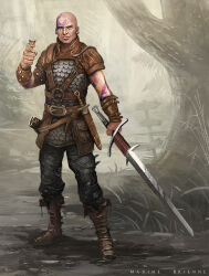 Rule 34 | 1boy, absurdres, arm tattoo, armor, artist name, bald, baldur&#039;s gate, belt, boo (baldur&#039;s gate), bracer, brown footwear, dungeons &amp; dragons, earrings, english text, hamster, hand up, head tattoo, highres, holding, holding sword, holding weapon, jewelry, knife, looking at viewer, male focus, maxime brienne, minsc, o-ring, outdoors, pouch, scale armor, sheated, sheath, signpost, solo, standing, sword, tattoo, tree, weapon