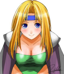 Rule 34 | 1990s (style), 1girl, blonde hair, blue eyes, blush, breasts, cape, celes chere, cleavage, covered erect nipples, female focus, final fantasy, final fantasy vi, headband, leaning forward, leotard, long hair, retro artstyle, signature, simple background, smile, solo, yukihiro