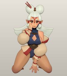 Rule 34 | 1girl, 3d, blush, breasts, cleavage, cleavage cutout, clothing cutout, kneeling, nintendo, paya (zelda), revealing clothes, sideboob, sideboob cutout, solo, the legend of zelda, thighs, white hair