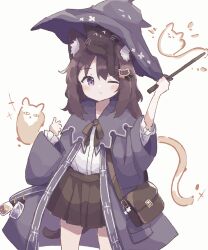 Rule 34 | 1girl, absurdres, animal, animal ears, animal on head, black ribbon, black skirt, blush, brown hair, cat, cat ears, cat girl, cat hair ornament, cat on head, cat tail, closed mouth, coat, colon br, cowboy shot, hair between eyes, hair ornament, hat, highres, holding, holding wand, legs apart, long hair, long sleeves, looking at viewer, miniskirt, neck ribbon, on head, one eye closed, open clothes, open coat, original, pleated skirt, purple coat, purple eyes, raised eyebrows, ribbon, shirt, sidelocks, simple background, skirt, solo, straight-on, tail, thighs, wand, white background, white shirt, witch, witch hat