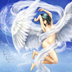 Rule 34 | 1girl, angel wings, armpits, barefoot, bird, black hair, censored, convenient censoring, day, elona, feet, lulwy of wind, mia (yanaginiame), nude, pixiv, robe, short hair, sky, solo, wings