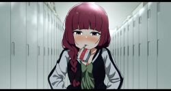 Rule 34 | 1girl, absurdres, alcohol, alcohol carton, black bow, black jacket, blush, bocchi the rock!, bow, braid, carton, commentary request, dress, drinking straw, drinking straw in mouth, goumonsha, green dress, hair bow, highres, hiroi kikuri, jacket, locker, locker room, long hair, looking at viewer, mouth hold, multicolored clothes, multicolored jacket, nose blush, open clothes, open jacket, purple eyes, purple hair, single braid, solo, two-tone jacket, upper body, white jacket