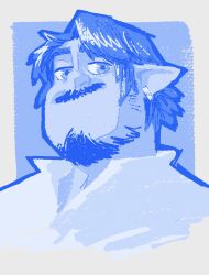 Rule 34 | 1boy, absurdres, aged up, bara, barley lightfoot, barry.d.sloth, blue hair, blue theme, collared shirt, facial hair, goatee stubble, half-closed eyes, highres, looking at viewer, male focus, no mouth, onward, pencil mustache, pointy ears, portrait, shirt, short hair, smile, solo, stubble, thick eyebrows