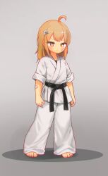 Rule 34 | 1girl, ahoge, bandage on face, bandaged arm, bandages, barefoot, belt, black belt, brown hair, chinese commentary, commentary request, dougi, full body, gradient background, grey background, highres, kuma-bound, long hair, looking ahead, martial arts belt, original, pants, simple background, solo, standing, toes, white pants